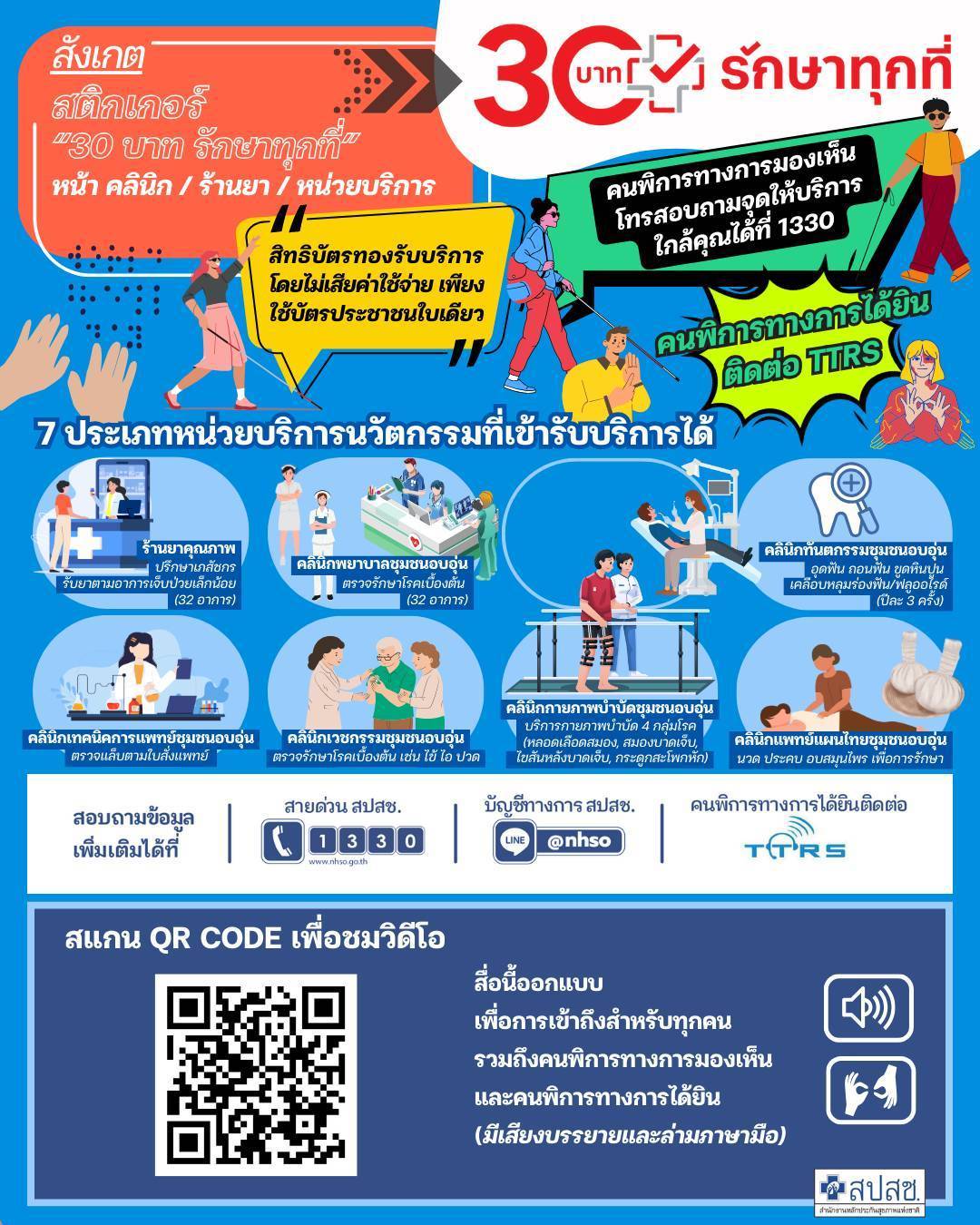 30 บาทรักษาทุกที่ คนพิการทางการมองเห็นโทรสอบถามจุดให้บริการใกล้คุณได้ที่ 1330