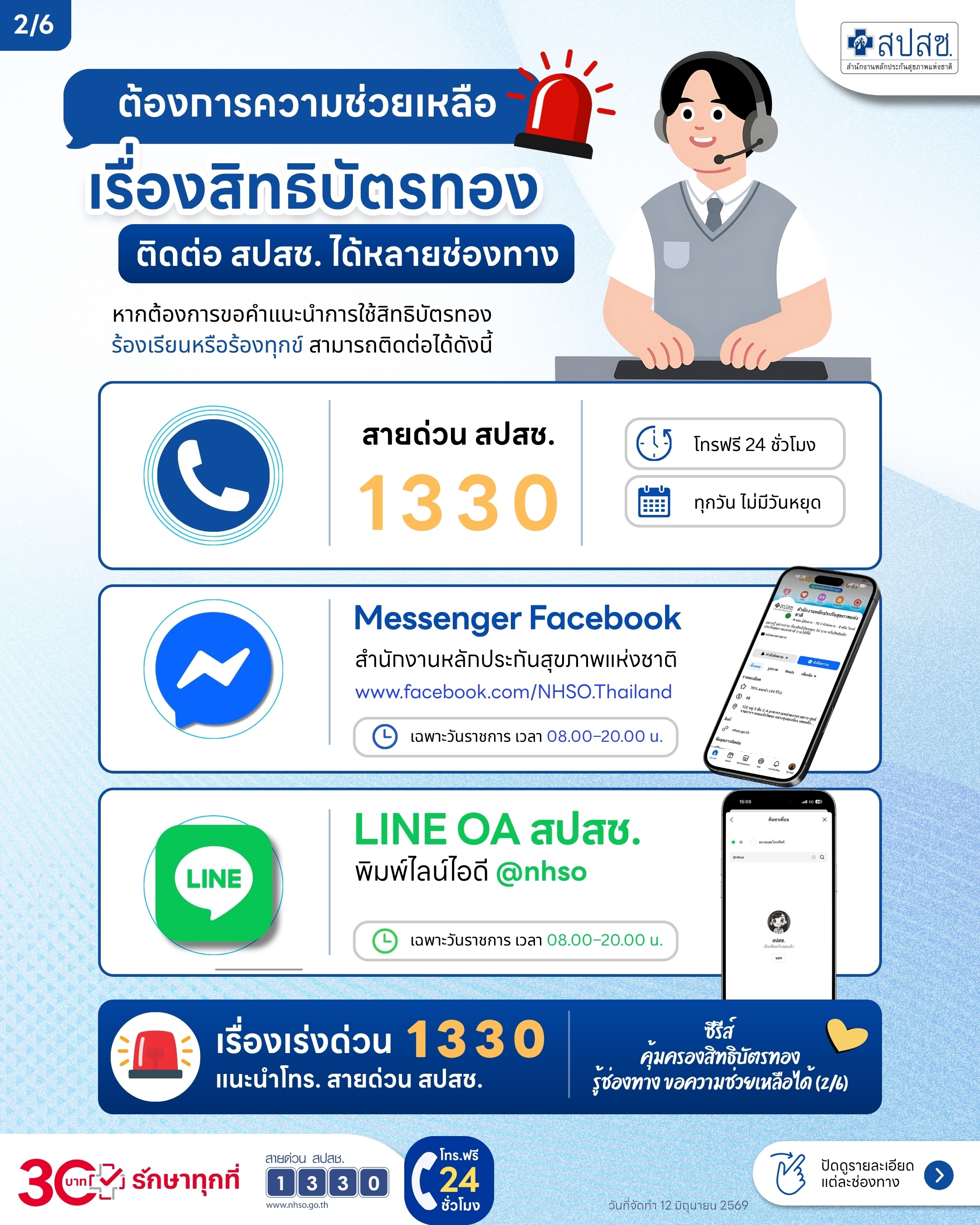 ต้องการความช่วยเหลือเรื่องสิทธิบัตรทอง ติดต่อ สปสช. ได้หลายช่องทาง